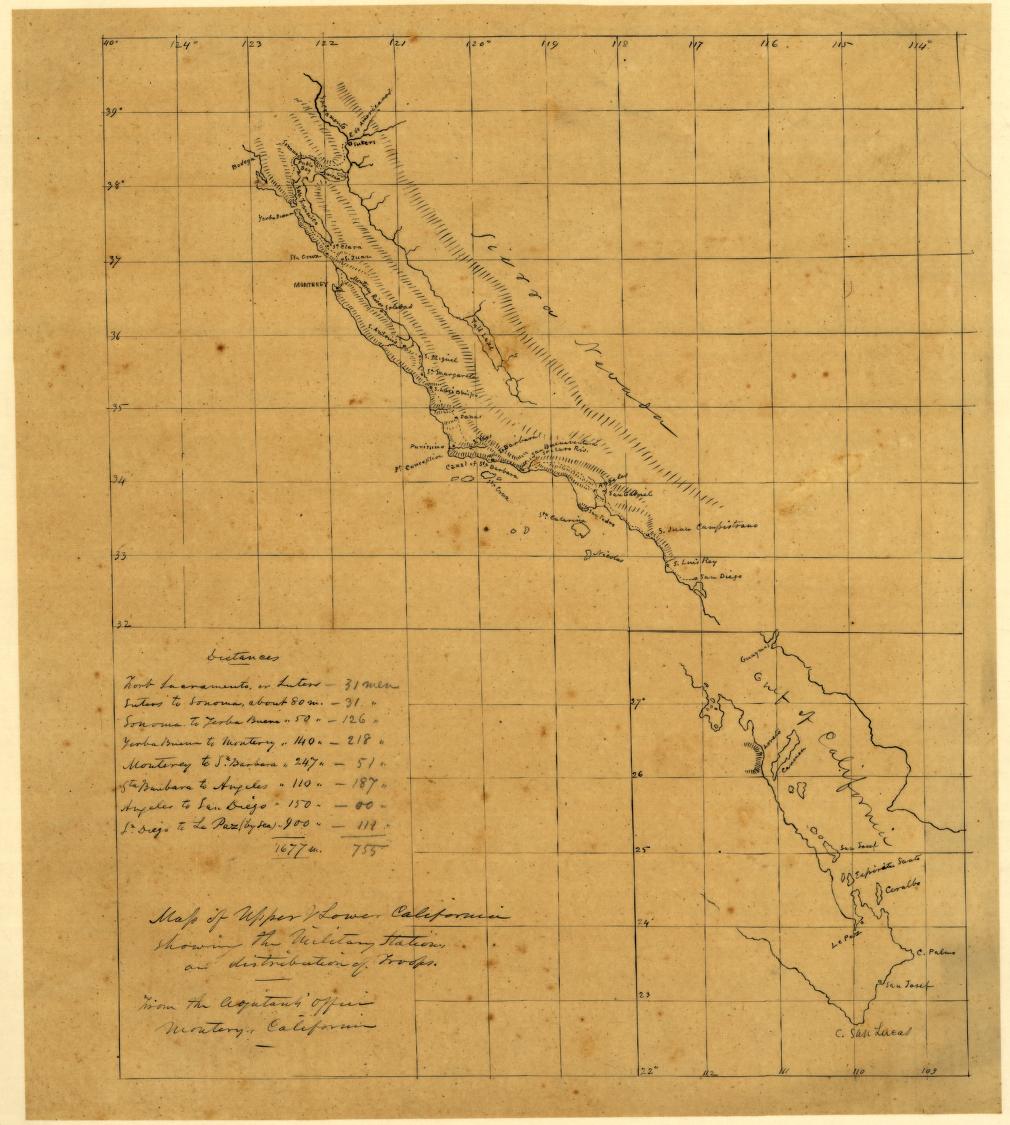 Map of Upper & Lower California Showing the Military Stations and Distribution of Troops
