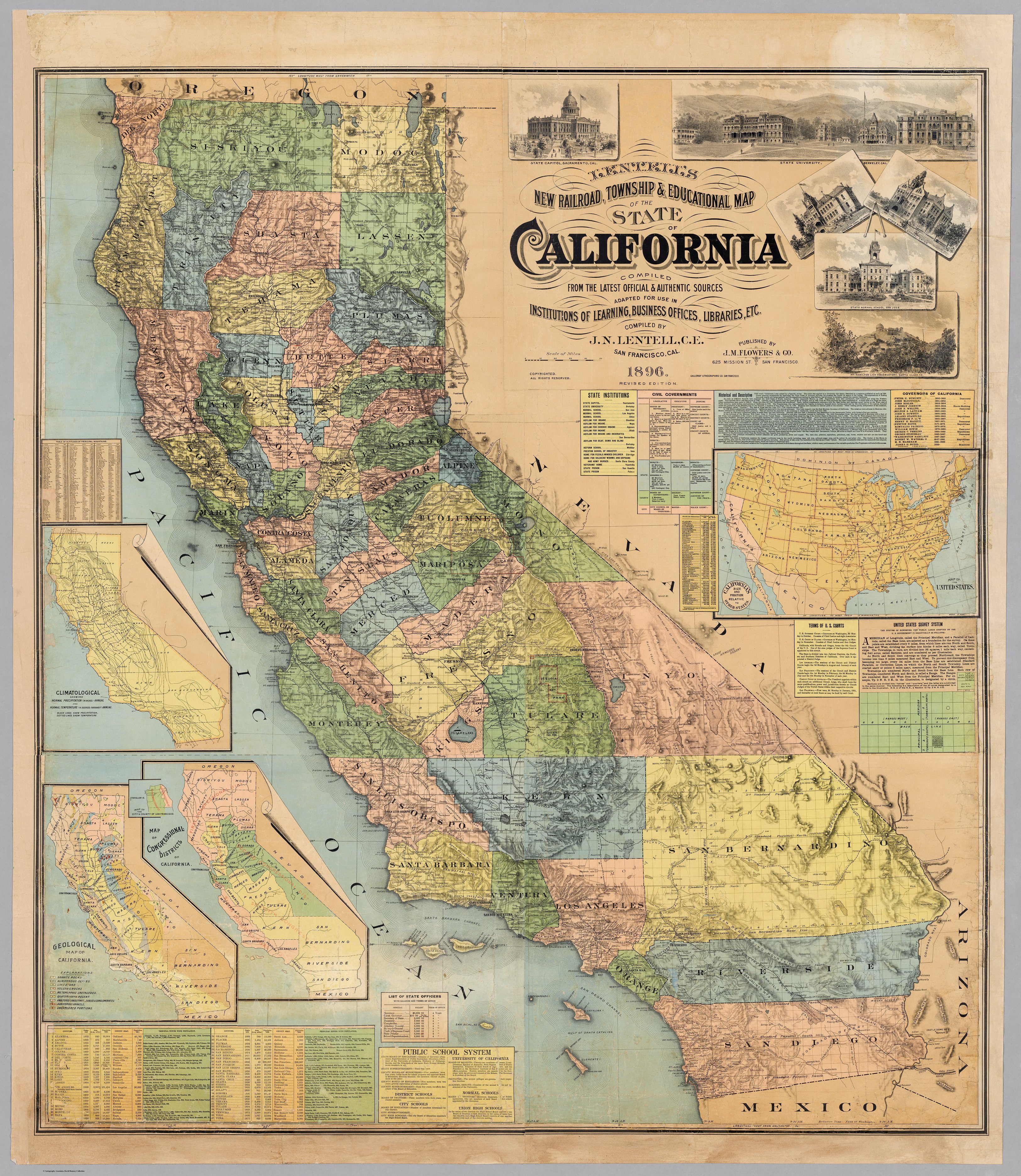 Lentell New Railroad, Township, and Educational Map of the State of California
