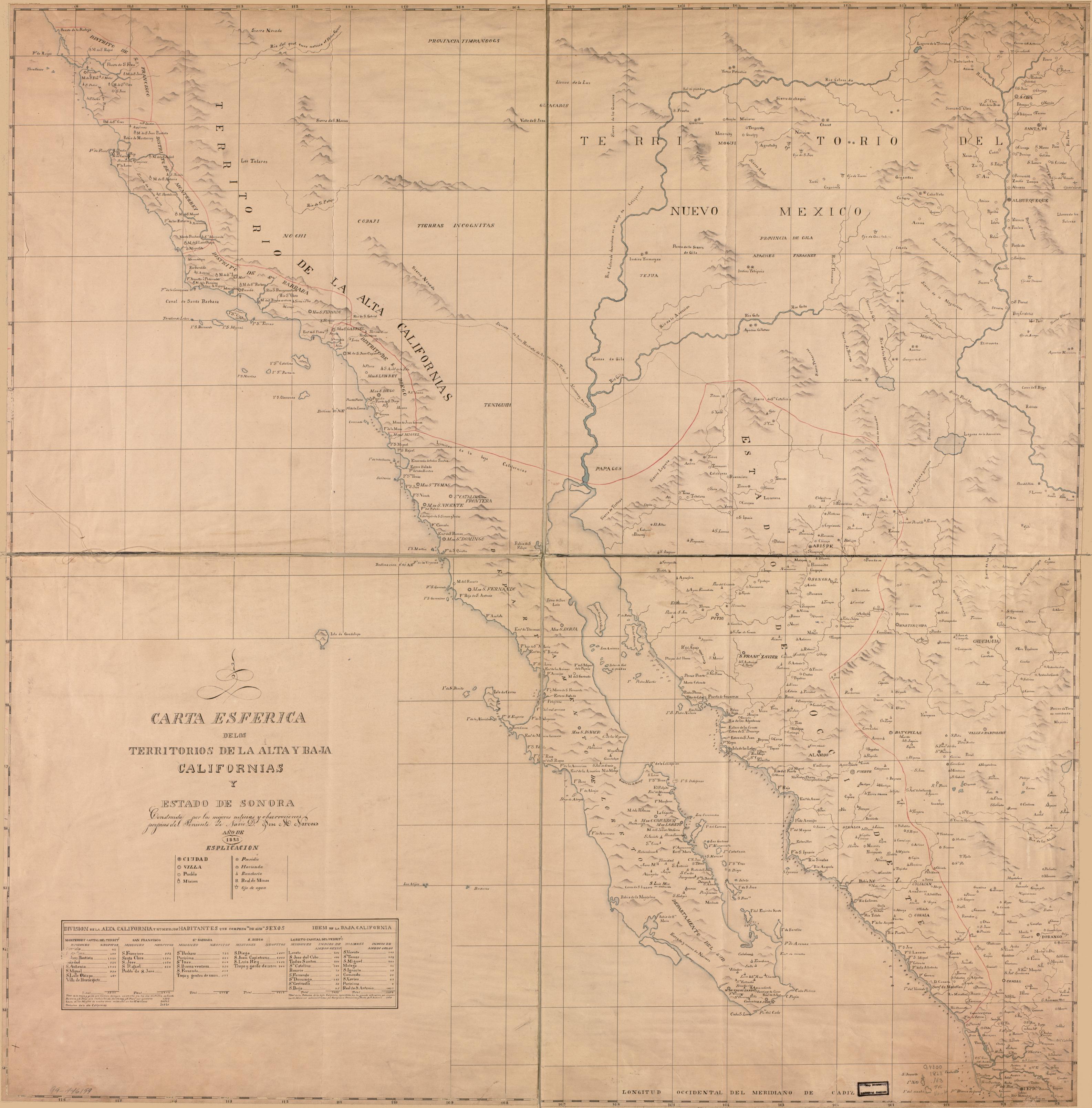 Carta esferica de los territorios de la alta y baja Californias y estado de Sonora